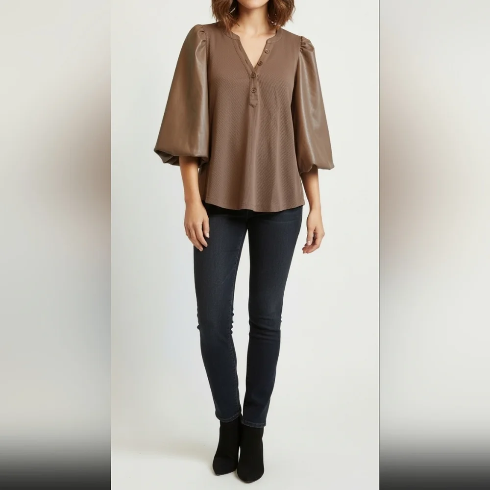Chico's Women's Brown Mixed Media Blouse Size 0 (US Small) - Faux Leather Sleeve - Picture 1 of 13